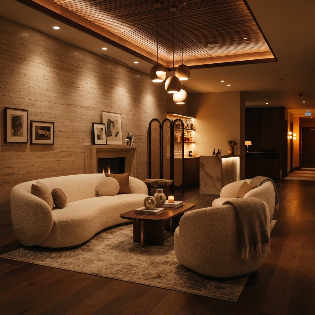 Luxury executive lounge with curved seating and warm architectural lighting